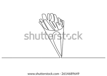Continuous one line drawing of French fries. Single line drawing illustration of Fat french fries fast food. Junk food concept vector art. Doodle line illustration.