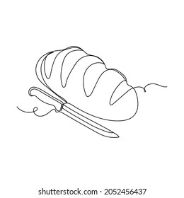 Continuous one line drawing of fresh natural bread with knife organic food  icon in silhouette on a white background. Linear stylized.