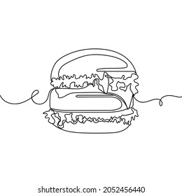 Continuous one line drawing of fresh ready to eat burger icon in silhouette on a white background. Linear stylized.