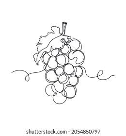 Continuous one line drawing of fresh grapes organic food in silhouette on a white background. Linear stylized.
