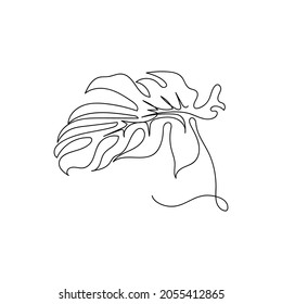 Continuous one line drawing of fresh tropical palm leaf in silhouette on a white background. Linear stylized.