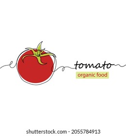 Continuous one line drawing of fresh tomato organic food in silhouette on a white background. Linear stylized.