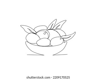Continuous one line drawing of fresh olives on the bowl. Olives line art drawing vector illustration. 