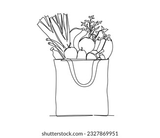 Continuous one line drawing of fresh food on paper grocery basket. Vegetables, fruits and bread in the grocery basket. Grocery paper bag outline vector illustration.  Editable stroke.