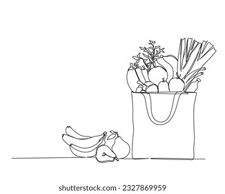 Continuous one line drawing of fresh food on paper grocery basket. Vegetables, fruits and bread in the grocery basket. Grocery paper bag outline vector illustration.  Editable stroke.