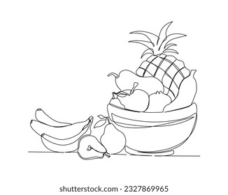 Continuous one line drawing of fresh fruits in the bowl design. Fruits in the bowl single line art vector illustration. Editable stroke.