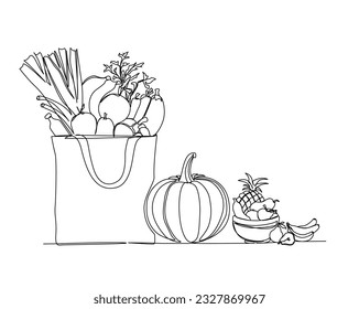 Continuous one line drawing of fresh food on paper grocery basket. Vegetables, fruits and bread in the grocery basket. Grocery paper bag outline vector illustration.  Editable stroke.