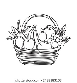 Continuous one line drawing of fresh fruits in a basket. Fruits in a basket, single line vector illustration