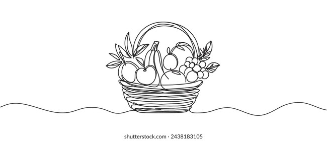 Continuous one line drawing of fresh fruits in a basket. Fruits in a basket, single line vector illustration