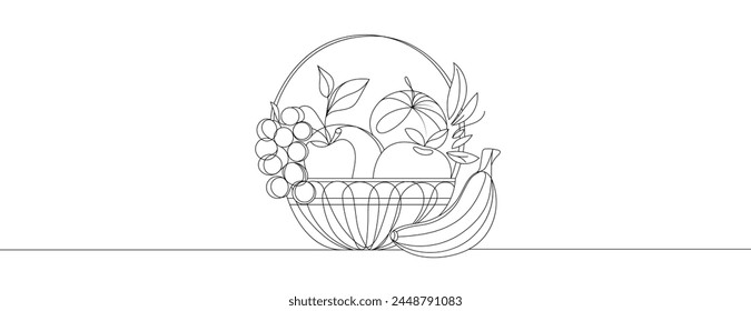 Continuous one line drawing of fresh fruits in a basket. farm fruits in a basket, vector illustration