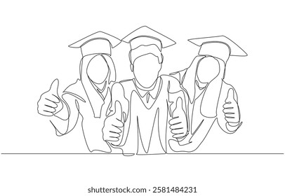 Continuous one line drawing of fresh graduates giving thumbs up gesture, commencement ceremony, education concept, single line art