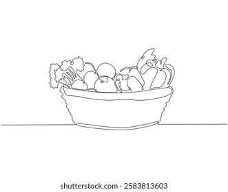 Continuous one line drawing of fresh vegetables in basket. One line drawing illustration of different vegetable in basket. Daily food concept single line. Editable outline