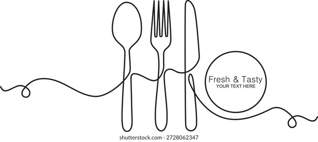 Dibujo continuo de una línea de fresca y sabrosa. Cucharas, plato, tenedores, cuchillo, utensilios de comer. Hotel y restaurante concepto Arte vectorial.
