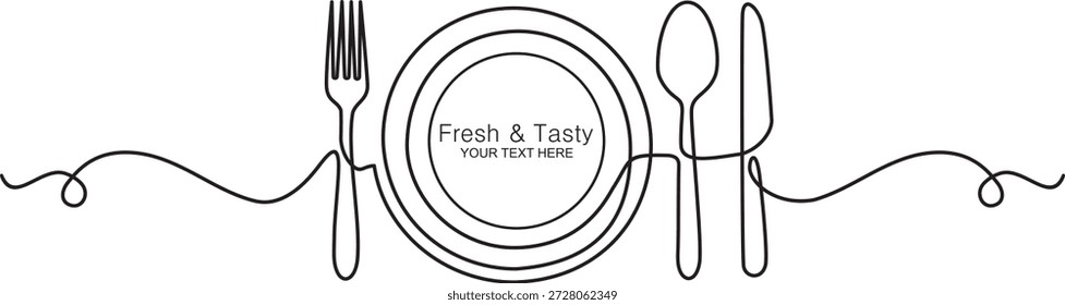 Dibujo continuo de una línea de fresca y sabrosa. Cucharas, plato, tenedores, cuchillo, utensilios de comer. Hotel y restaurante concepto Arte vectorial.
