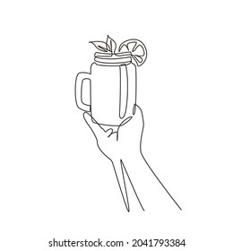 Continuous One Line Drawing Freshly Squeezed Lemon-orange Juice With Ice With Mint Leaves In Female Hands. Woman Holding Vintage Mug With Citrus Cool Lemonade Drink. Single Line Draw Design Vector