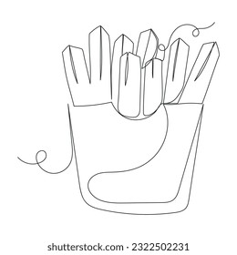 Continuous one line drawing of fried potato. Line art food illustration. Fast food vector 