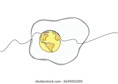 Uma linha contínua desenhando ovo frito com gema transformada em globo. Bom teor de proteínas nos ovos. Boa nutrição, mas não uniformemente distribuída. Dia Mundial da Fome. Ilustração de vetor de design de desenho de linha única