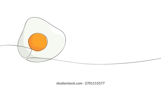 Um desenho contínuo de uma linha de um ovo frito. Ilustração vetorial mínima da comida do café da manhã com gema e branco no fundo branco. Cozinhar e conceito de refeição matinal com espaço de cópia.