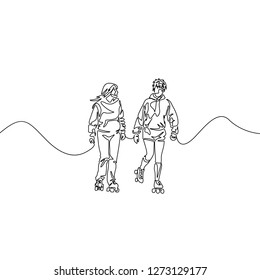 Continuous one line drawing friends rollerblading. Two girlfriends rollerblading. Sport, recreation, friendship, relax, hobby theme.