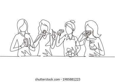 Continuous One Line Drawing Friends Eating Fast Food Meal In Restaurant. Group Of Happy Women Sitting, Talking, Dinner, Burgers And Drinking Soda. Single Line Draw Design Vector Graphic Illustration