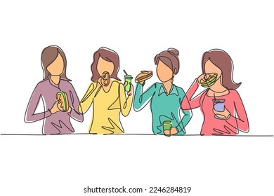 Una línea contínua que atrae a los amigos comiendo comida rápida en el restaurante. Grupo de mujeres felices sentadas, hablando, cenando, hamburguesas y bebiendo refresco. ilustración vectorial de diseño de línea única