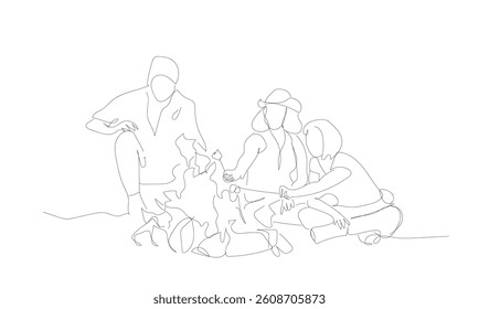 Continuous one line drawing of 
 friends roast marshmallow candies on the campfire in forest. Spring or autumn camping. Hand made vector not Al