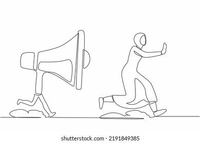 Continuous One Line Drawing Fright Arabian Businesswoman Being Chased By Megaphone. Active Female Manager In Loud Screaming For Mass Communication. Single Line Draw Design Vector Graphic Illustration