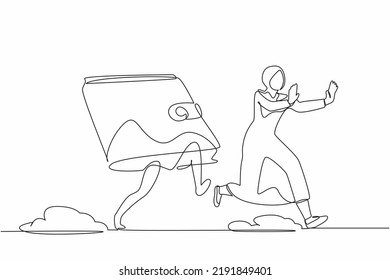 Continuo dibujo de una línea que asusta a empresaria árabe perseguida por una billetera. Las gerentes mujeres pierden beneficios comerciales, pierden dinero. Metáfora minimalista. Ilustración gráfica vectorial de diseño de línea única