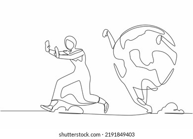 Continuous one line drawing fright Arabian businesswoman being chased by globe. Female manager afraid about climate change. Minimalist metaphor concept. Single line design vector graphic illustration