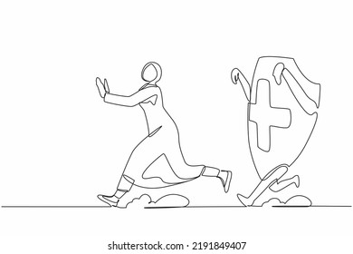 Continuous one line drawing fright Arabian businesswoman being chased by shield. Female employee afraid about increasing of healthcare insurance. Single line design vector graphic vector illustration