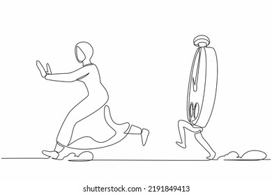 Continuous one line drawing fright Arab business woman being chased by stopwatch. Female manager afraid in project measurement. Minimalist metaphor. Single line draw design vector graphic illustration