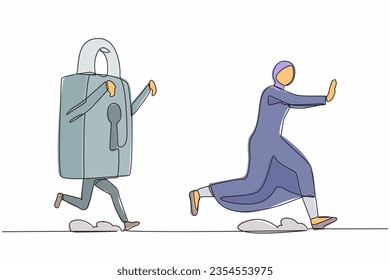 Continuous one line drawing fright Arabian businesswoman being chased by padlock. Female manager afraid with office security or business protection. Single line draw design vector graphic illustration