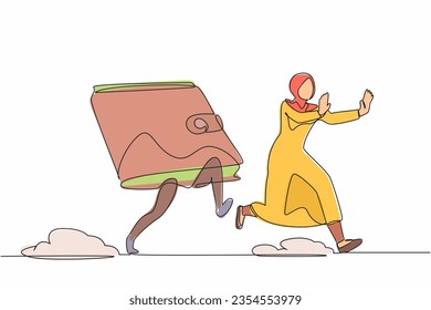 Continuous one line drawing fright Arab businesswoman being chased by wallet. Female manager losing business profit, losing money. Minimalist metaphor. Single line design vector graphic illustration