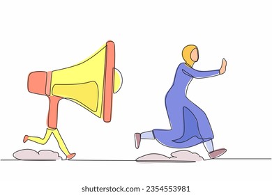 Continuous one line drawing fright Arabian businesswoman being chased by megaphone. Active female manager in loud screaming for mass communication. Single line draw design vector graphic illustration