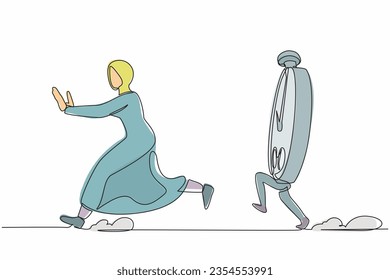 Continuous one line drawing fright Arab business woman being chased by stopwatch. Female manager afraid in project measurement. Minimalist metaphor. Single line draw design vector graphic illustration