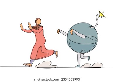 Continuous one line drawing fright Arab businesswoman being chased by bomb. Female manager afraid with financial crisis problems, taxation burden. Single line draw design vector graphic illustration