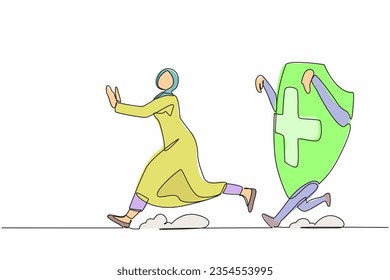 Continuous one line drawing fright Arabian businesswoman being chased by shield. Female employee afraid about increasing of healthcare insurance. Single line design vector graphic vector illustration