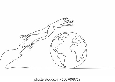 Continuous one line drawing a frog jumping on a globe. Active. Energetic. Insectivorous animals. Rain forest animalia. Green skin red eyes. World Frog Day. Single line draw design vector illustration