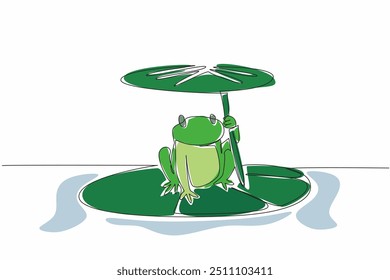 Continuous one line drawing the frog is perched on a lotus leaf while holding the lotus leaf. Relaxing after devouring many insects. Full. World Frog Day. Single line draw design vector illustration