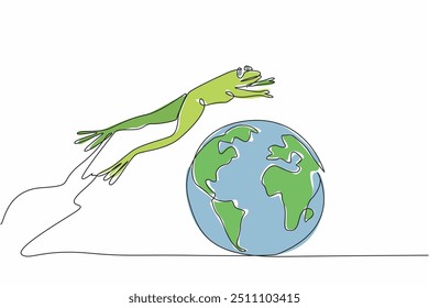 Línea continua dibujando una rana saltando sobre un globo terráqueo. Activo. Enérgico. Animales insectívoros. Animales de bosque lluvioso. Piel verde y ojos rojos. Día Mundial de la Rana. Ilustración vectorial de diseño de dibujo de línea única