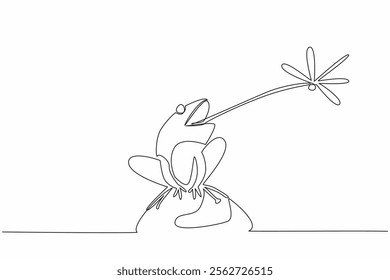 Continuous one line drawing frog sitting on a rock sticking out its tongue preying on a dragonfly. Minimal effort, full results. Food. Save The Frogs Day. Single line draw design vector illustration