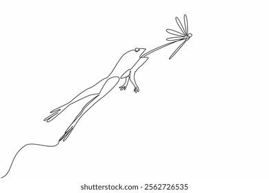 Continuous one line drawing frog jumping with tongue sticking out to prey on dragonfly. Natural response. Hungry. Attempt to get food. Save The Frogs Day. Single line draw design vector illustration