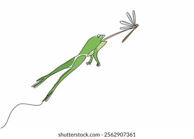 Continuous one line drawing frog jumping with tongue sticking out to prey on dragonfly. Natural response. Hungry. Attempt to get food. Save The Frogs Day. Single line draw design vector illustration