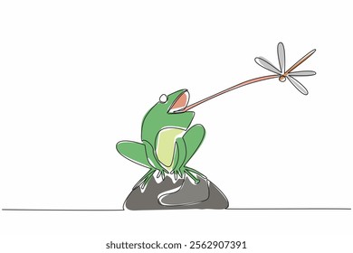 Continuous one line drawing frog sitting on a rock sticking out its tongue preying on a dragonfly. Minimal effort, full results. Food. Save The Frogs Day. Single line draw design vector illustration