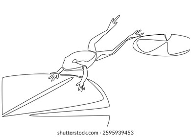 Continuous one line drawing frogs jump from one lotus leaf to another. Looking for mosquitoes. Swimming. Lowers body temperature. National Frog Jumping Day. Single line draw design vector illustration