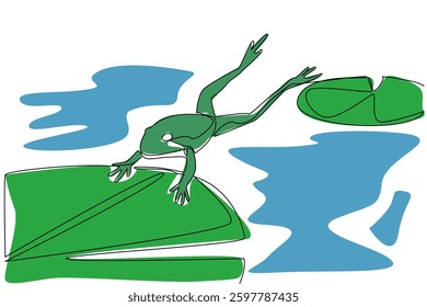 Continuous one line drawing frogs jump from one lotus leaf to another. Looking for mosquitoes. Swimming. Lowers body temperature. National Frog Jumping Day. Single line draw design vector illustration