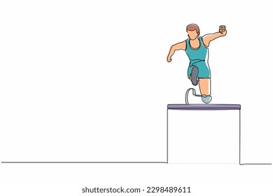 Continuous one line drawing front view amputated male athlete jumping, running over hurdle. Disabled event with hurdle race. Disability sport concept. Single line design vector graphic illustration