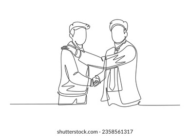 Continuous one line drawing front view businessmen handshaking his business partner after deal big project. Great teamwork. Business deal concept. Single line draw design vector graphic illustration