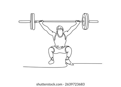 Continuous one line drawing front view attractive sportsman with barbell and weight plates overhead. Fit young male athlete lifting heavy weights. Single line draw design vector graphic illustration