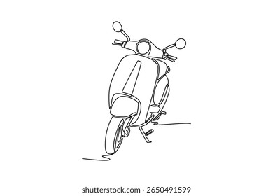 Continuous one line drawing front view retro motor scooter standing for urban citizen. Stylish electric scooter motorcycle for tour trip vacation. Single line draw design vector graphic illustration